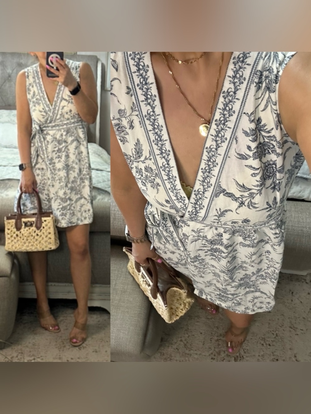 New💙 Blue & Ivory Floral Wrap Dress with Tie Waist